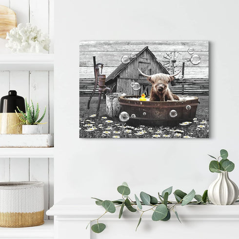 Farmhouse Bathroom Decor Wall Art, Funny Highland Cow in Bathtub, Rustic 12"x16" Framed Bathroom Cow Painting