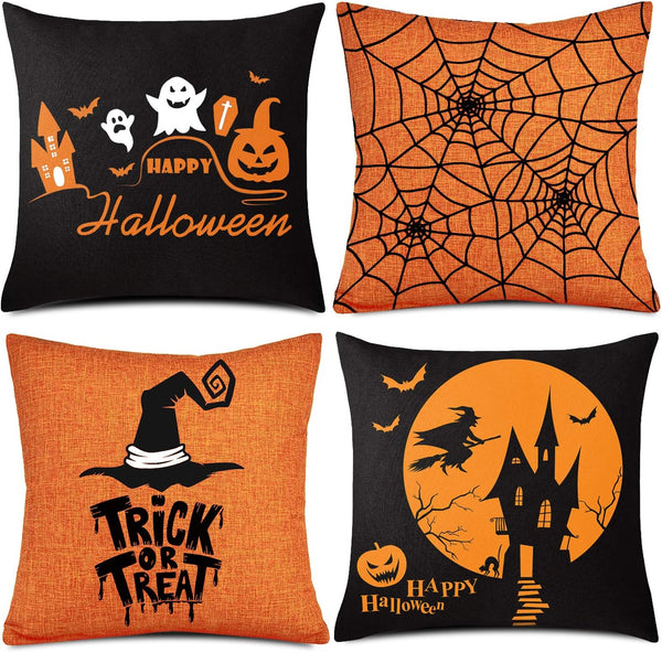 Whaline 4 Pieces Halloween Pillow Case - Orange and Black Linen Cover, Happy Halloween Decoration (18" x 18")
