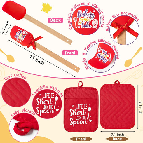 Baking Gift Pot Holder Set - R HORSE 3Pcs Red Baking Pot Holder with Silicone Spatula Greeting Card Heat Resistant Oven Mitts Kitchen Baking Gift for Mother's Day Teacher Day Baking Cooking Lover by R HORSE