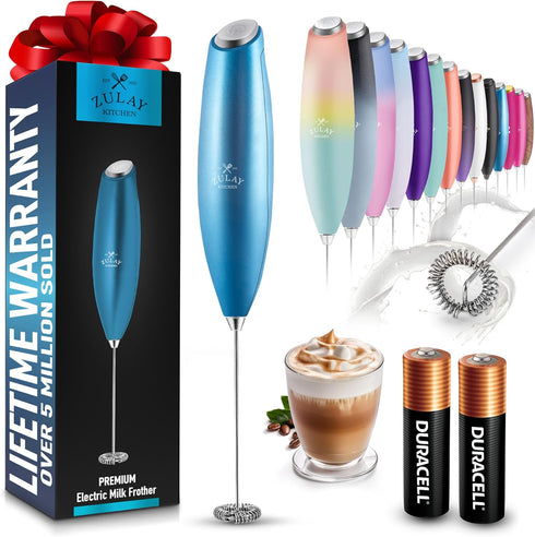 Zulay Kitchen Milk Frother Wand - Handheld Electric Frother with 2 Duracell Batteries, Easy-Clean Mixer, Metallic Blue
