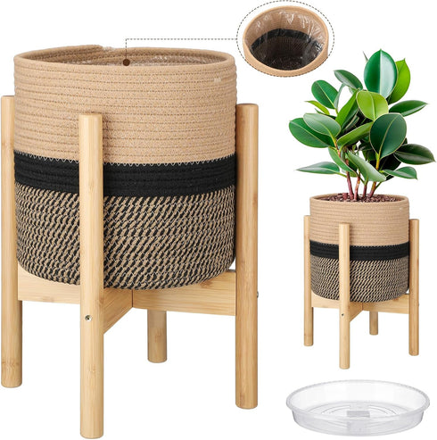 Sunnychicc Plant Basket with Stand Indoor Planter Pot Holder Sturdy Jute Rope Modern