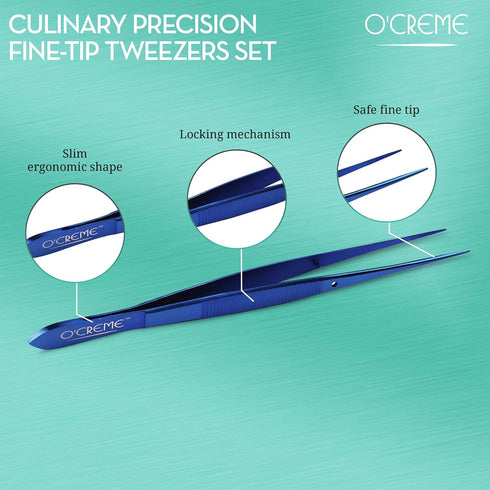 O'Creme Stainless Steel Precision Kitchen Tweezer Tongs, 6.25" with Fine Tip (Blue)