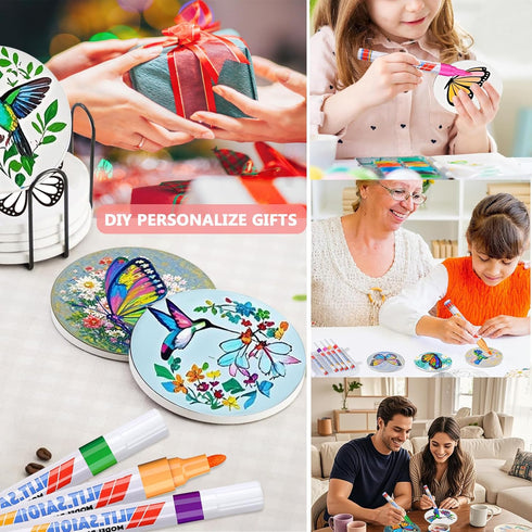 DoYoMo 6 Paint Your Own Butterfly Coaster with Markers,Craft Kits for Adul Absorbent Ceramic Tiles with Cork Base,DIY