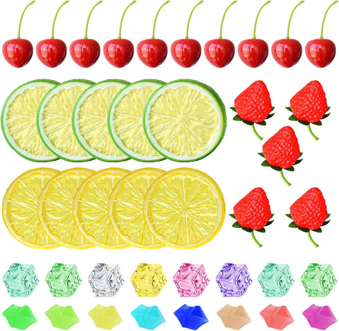 Chewarelly 70 Pcs Fake Fruits Ice Cube Set, Include 10 Artificial Lemon Slice