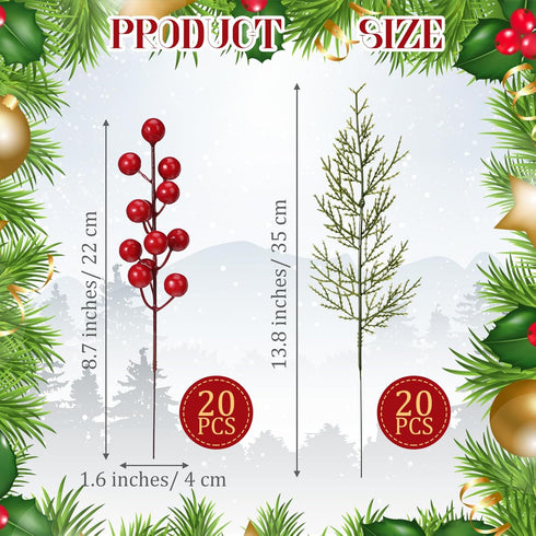 40 Norme Pcs Christmas Floral Picks Christmas Greenery for DIY Gift Wrapping Plants Red Berry Pine Branches Artificial