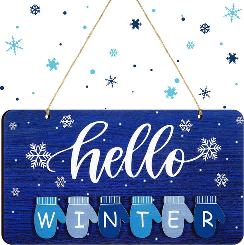 Blulu Hello Winter Door Sign Decoration, Welcome Winter Wall Decor Glove Hanging Sign for Porch Farmhouse Outdoor Home