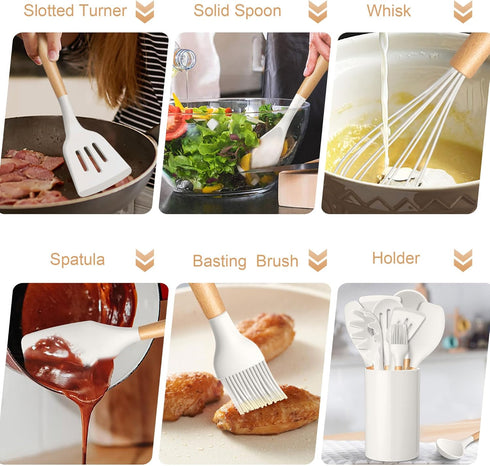 TeamFar Cooking Utensils Set, 12 Pcs Silicone Kitchen Gadgets for Nonstick Cookware, Wooden Handle Spatula Spoon