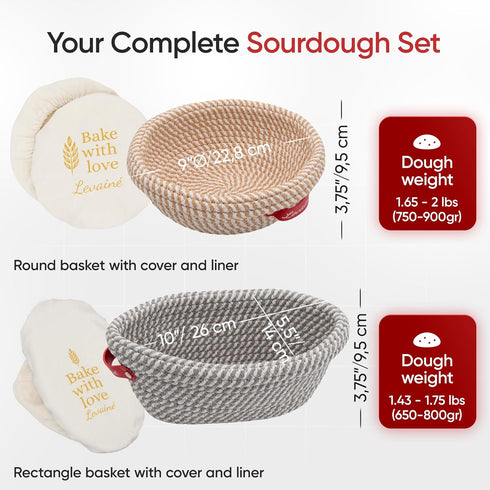 Set Levain Sourdough Bread Proofing Basket Banneton Bread Proofing Basket Oval & Round with Liners and Covers, Cotton