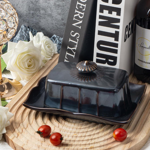Countertop, 7.5 Inch Butter Dish with Lid for Large Ceramics Butter Dish Container, Butter Holder with Handle, Black