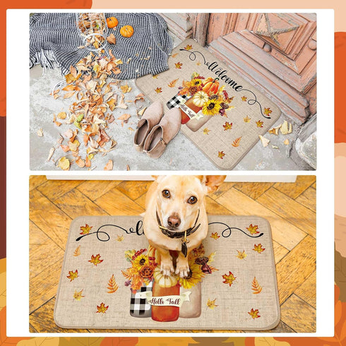 Winter Fall Door Mat | Non Slip Farmhouse Welcome Mats for Outdoor Indoor, Snowflake Pumpkin Floor Door Mat, 27.6x15.7