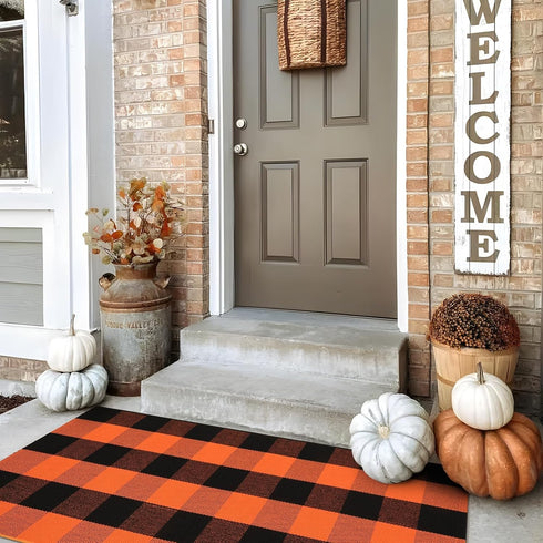 LEEVAN Orange and Black Buffalo Plaid Outdoor Rug 24"x 51", Washable Halloween Door Mat for Entryway