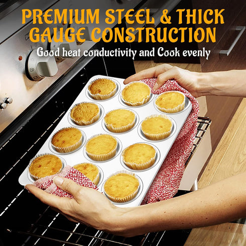 E-far Muffin Pan 12-Cup, Stainless Steel Cupcake Baking Tins for Oven, Non-toxic & Dishwasher Safe