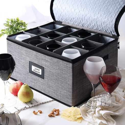 Wine Glass Storage Box with Dividers – Quilted and Stackable Stemware Storage Cases, Service of 12 Glassware Storage
