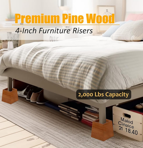 Premium Pine Wood 4-Inch Furniture Risers, Heavy-Duty, 2000 Lb Capacity, Floor Protectors for Beds, Sofas