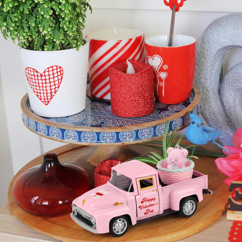 Hooqict Pink Valentines Day Mini Metal Truck with Flower Basket Romantic Love Heart Truck for Valentine's Day Gifts