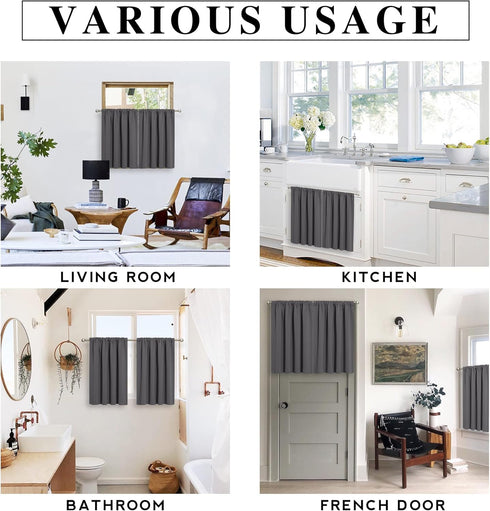 RYB HOME Short Blackout Curtains for Kitchen, Solid Half Window Treatment, 2 Panel Set, Grey, W42 x L30 inches