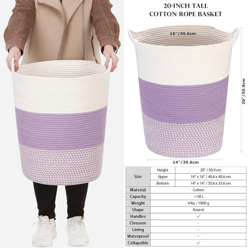 20 14 inches, Sea Team Large Size Cotton Rope Woven Storage Basket with Handles, Laundry Hamper, Fabric Bucket, Drum