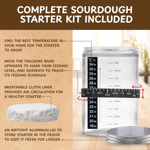 Complete Sourdough Bread Starter Kit, Glass Sourdough Starter Jar Kit & Tons of Sourdough Baking Supplies - Sourdough