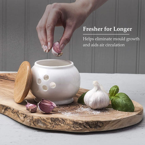 WM Bartleet & Sons 1750 Traditional Porcelain Garlic Storage Pot, 10cm, Wooden Lid, White, One Size