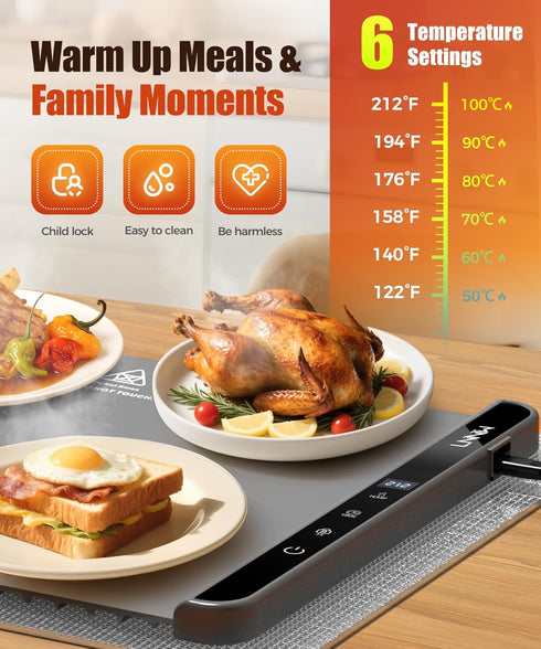 26X15 Inch, 6 6 Settings, Food Warming Mat with Heat-Resistant Pad, Temperature & Timer Child Lock Safety,Food Warmer