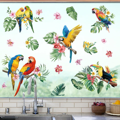 decalmile Tropical Parrots on Branch Window Clings, Anti-Collision Glass Window Decals for Doors and Windows
