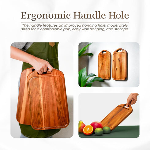 Acacia Wood Cutting Board with Juice Groove, Grip Handle for Meat, Vegetables, and Cheese, Knife Friendly