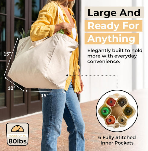 3pc Set VeraMia Canvas Grocery Bag XL with Real Pockets, Long Shoulder Strap and Short Handle. Heavy Duty, Foldable