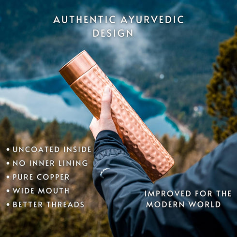 Copper Water Bottle - 34oz Hammered Vintage Design, Handcrafted Ayurvedic Pure Copper Vessel for Drinking Water