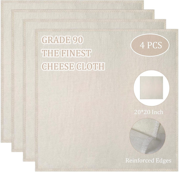 Cheesecloth, Precut 20x20 Inch, Grade 90 Hemmed Cheese Cloths for Cooking, Reusable Cotton Muslin Cloths