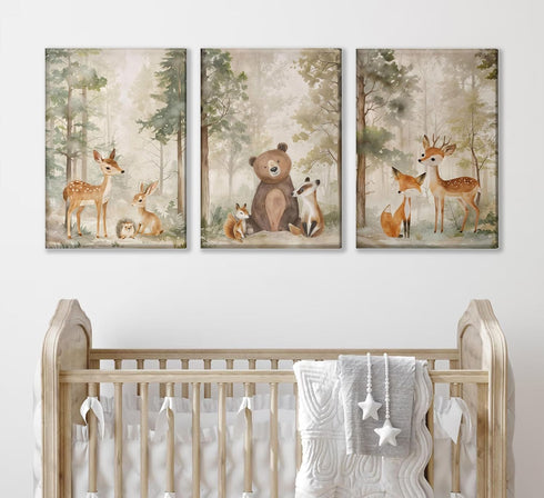 3Pcs MIZILI Woodland Animal Nursery Canvas wall art Wild Animals Forest Paintings Pictures Wall Decor Fox Bear Deer