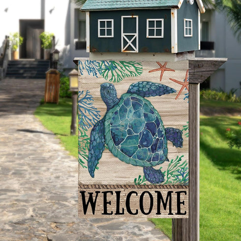 Welcome Sea Turtle Garden Flag 12x18 Inch, Double Sided Burlap Welcome Summer Rustic Coastal Yard Decoration
