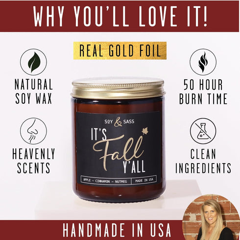 Fall Candles - 'It's Fall Yall' Candle with Apple Cinnamon & Nutmeg, Essential Oils, 9oz Jar, 50Hr Burn