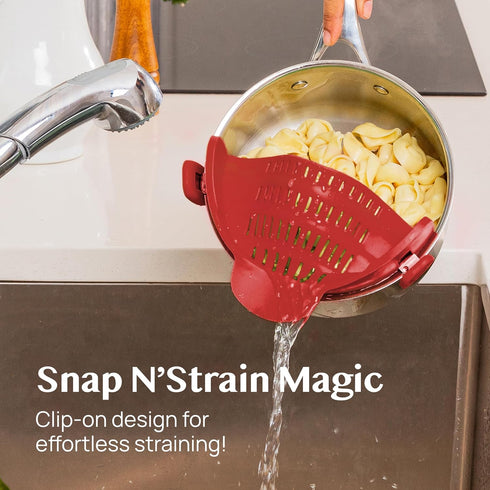 Kitchen Gizmo Snap N Strain Silicone Pot Strainer, Adjustable Clip-On Pasta Strainer for Pots, Pans, Large Red Colander