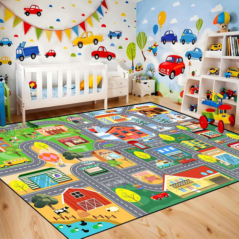 3x5 Car Rug for Kids Playroom - Road Rug for Boys Room Kids Play Mat with Road Tracks Car Play Mat, Feet