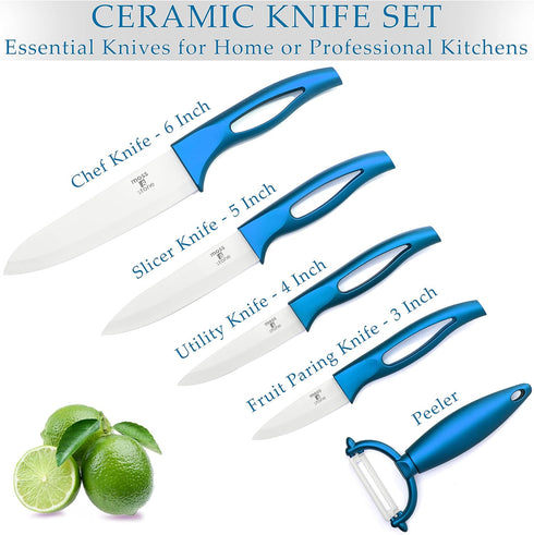 Moss & Stone Kitchen Cutlery White Ceramic Knife Set, Ceramic Knife Set and Fruit Peeler, Rust Proof & Stain Resistant, Kitchen Cooking Knife Set 5 pieces Blue Knives by Moss & Stone