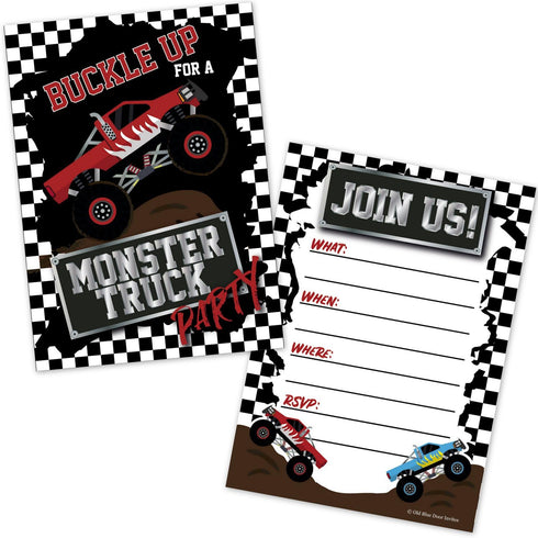 Monster Truck Birthday Party Invitations for Boys, 20 Count with Envelopes, Kids Truck Rally Invites