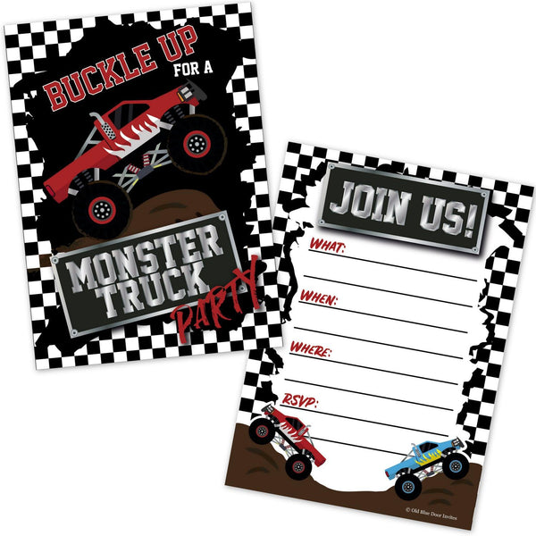 Monster Truck Birthday Party Invitations for Boys, 20 Count with Envelopes, Kids Truck Rally Invites
