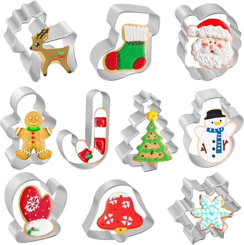 Christmas Cookie Cutters, 10 Pieces Large Metal Cutters - Gingerbread Man, Snowflake, Christmas Tree, and More