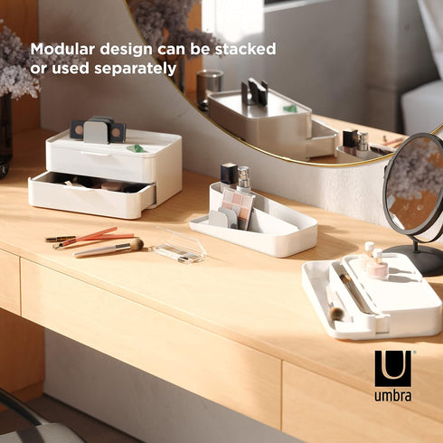 Umbra Glam Organizer, Large Makeup Organizer with Three Drawers, Rubber Feet and Removable Dividers, White/Grey