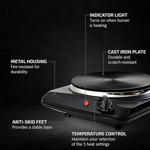 OVENTE Electric Countertop Single Burner, 1000W Cooktop with 7.25 Inch Cast Iron Hot Plate, 5 Level Temperature Control, Compact Cooking Stove and Easy to Clean Stainless Steel Base, Black BGS101B by OVENTE
