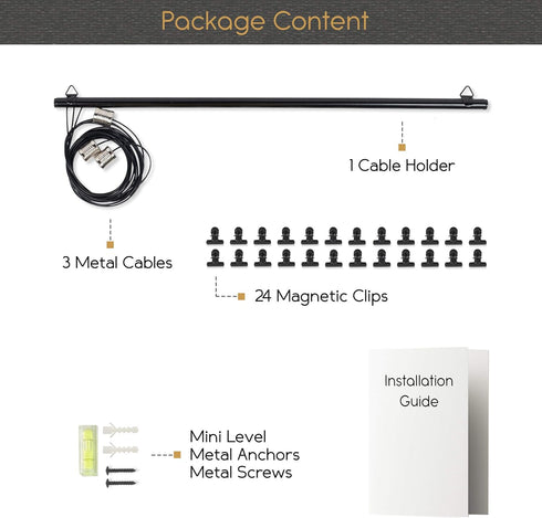 You Have Space WAJER Picture Hanging Kit with 24 Magnetic Clips for Pictures, Polaroids, Kids Crafts, Metal Black