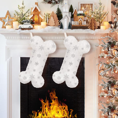 Malier Pet Dog Christmas Stocking, Large Faux Fur Bone Shape Hanging with Silver Snowflakes for Pets