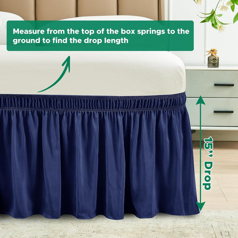 Biscaynebay Wrap Around Bed Skirts for Queen Beds, 15" Drop, Navy Adjustable Elastic Dust Ruffles, Machine Washable