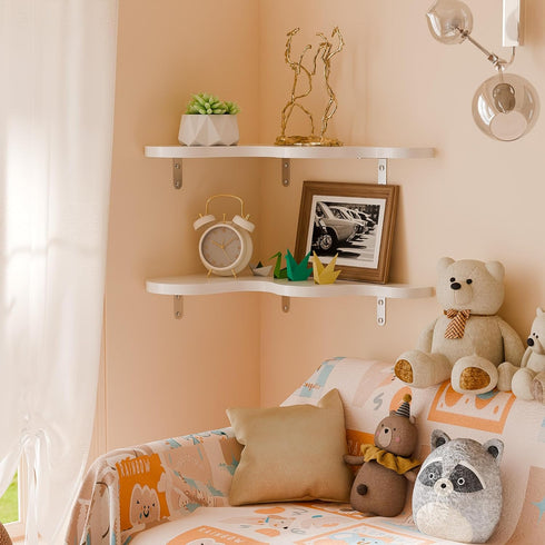 Set 2 90-Degree Cute Cloud Corner Shelves - of White Wooden Floating Corner Shelves Wall Mounted, Space-Saving Nursery