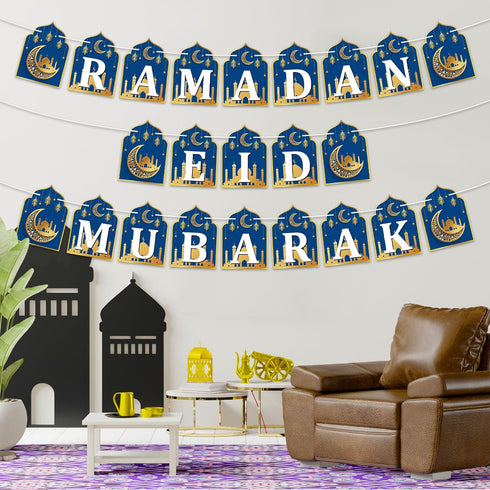 WATINC 2 in 1 Ramadan Banner Eid Mubarak Decoration, No DIY Needed Hanging Banners Decor for Home, Tree, Wall 10 Feet