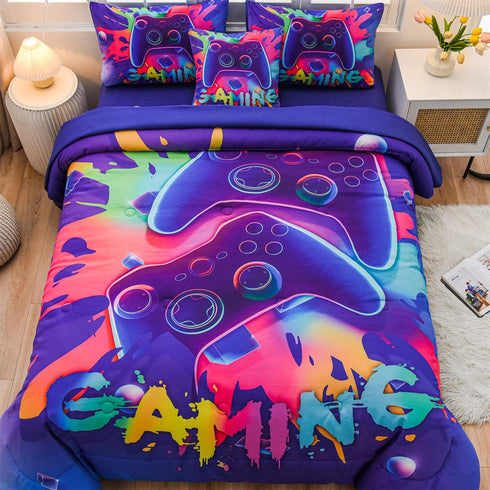 Aimuan Gaming Comforter Sets for Boys Kids Bedding Sets, Video Games Console Action Buttons, Twin 6 Pcs, Purple