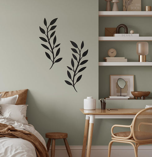 Vivegate 16"X16" Olive Branch Leaf Metal Wall Decor - 2 Black Wrought Iron Scroll Vine Art for Farmhouse Wall