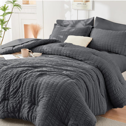 HYMOKEGE Full Size Comforter Sets Seersucker 7 Pieces, All Season Luxury Bed