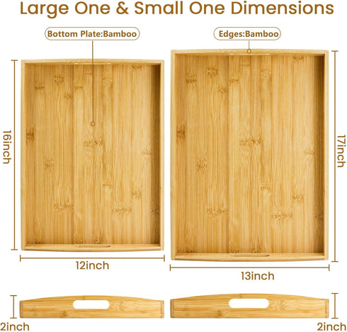 Set 2 17x13in, 16x12in GOLD HONEY Bamboo Serving Tray with Handles of - Decorative Wooden Tray for Living Room