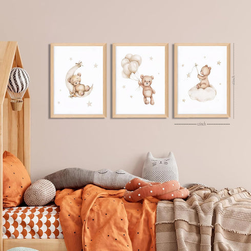 Set 3, 12x16 inch Framed Teddy Bear Wall Art Nursery Decor of Bear Sleeping on The Moon and Stars Pictures Canvas